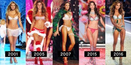 VS models from the fashion show of the year 2001, 2005, 2007, 2015 and 2016. where the models are basically wearing similar things, showing a lack of change over the years. 